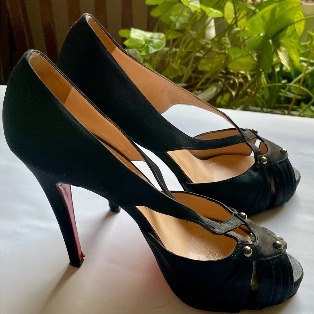 Christian Louboutin Satin Studded Accents T-strap Pumps - Picture 3 of 16